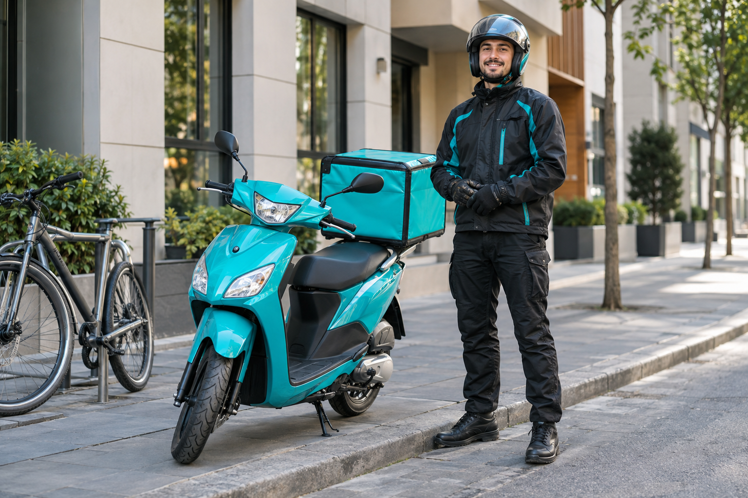 Turkuaz motosiklet ve bisiklet yanında bir kurye